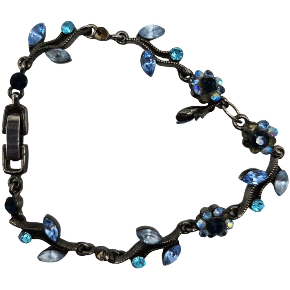 Gorgeous metal link bracelet with blue crystal floral and leaf motifs